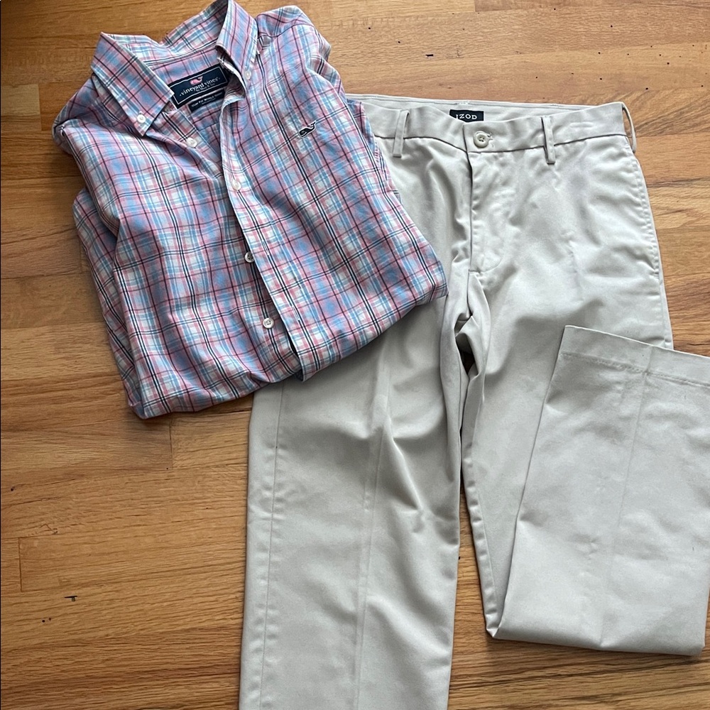 Izod Men's Khaki Chinos/vineyard vines button down combo! 29x30 pants Small shir